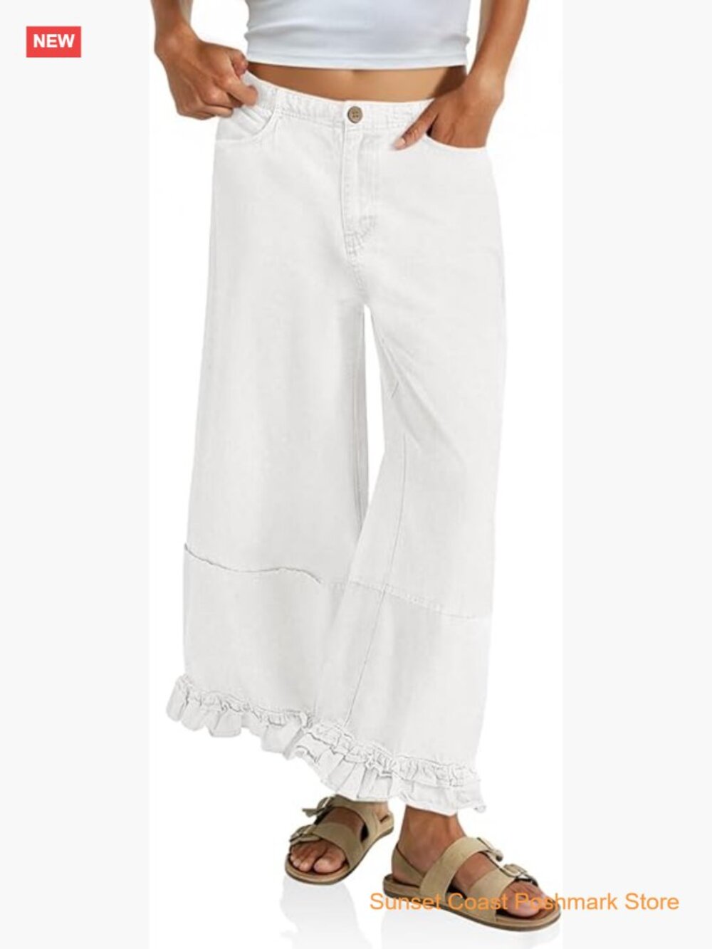Ruffle Wide Leg Jeans Cropped Elastic High Waisted Baggy Denim Pants with